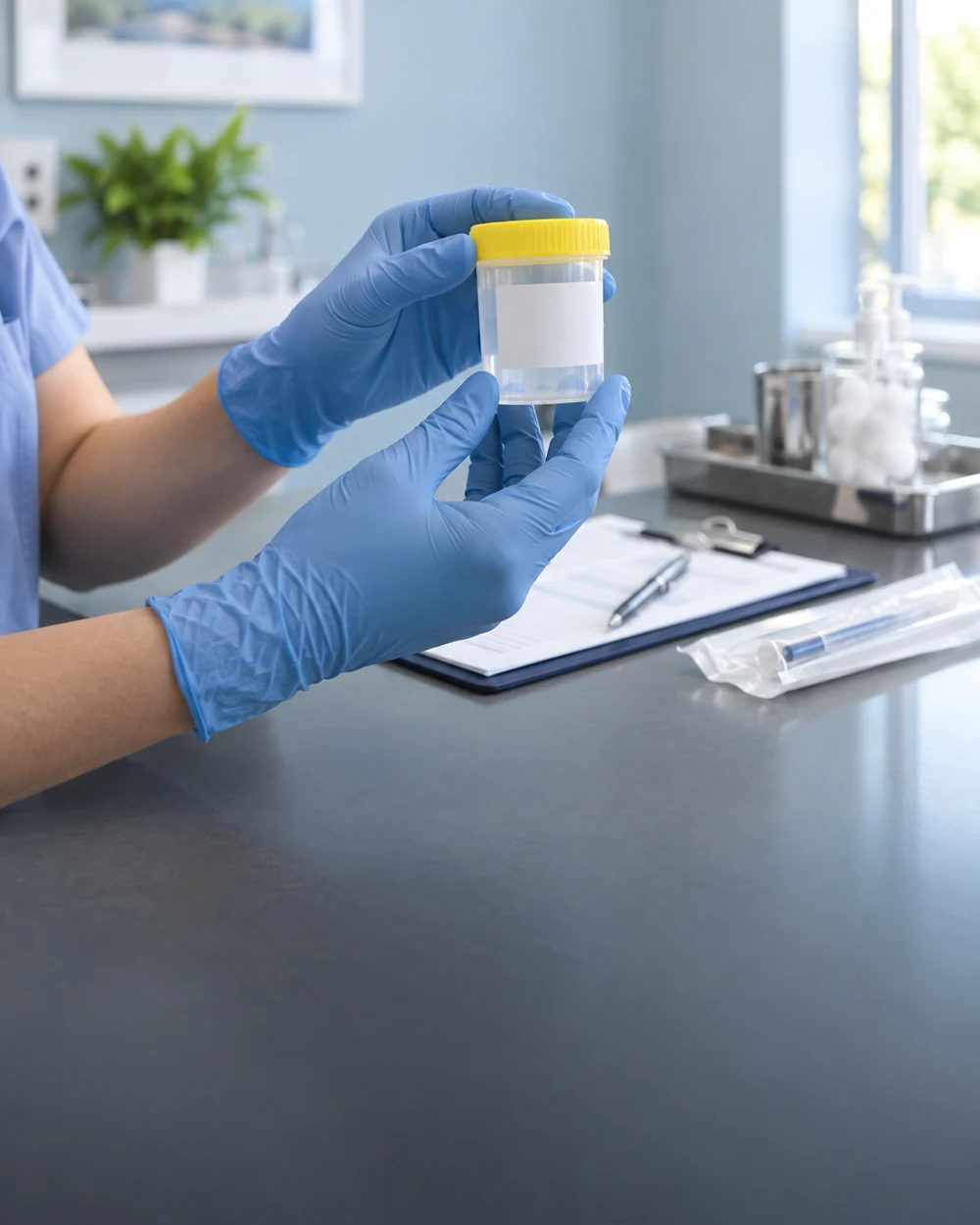 Gloved hands holding a sealed specimen collection container